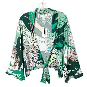 Nine West Cardigan Rayon Wide Bell Sleeve Green Tropical Leaf Pattern Women's OS